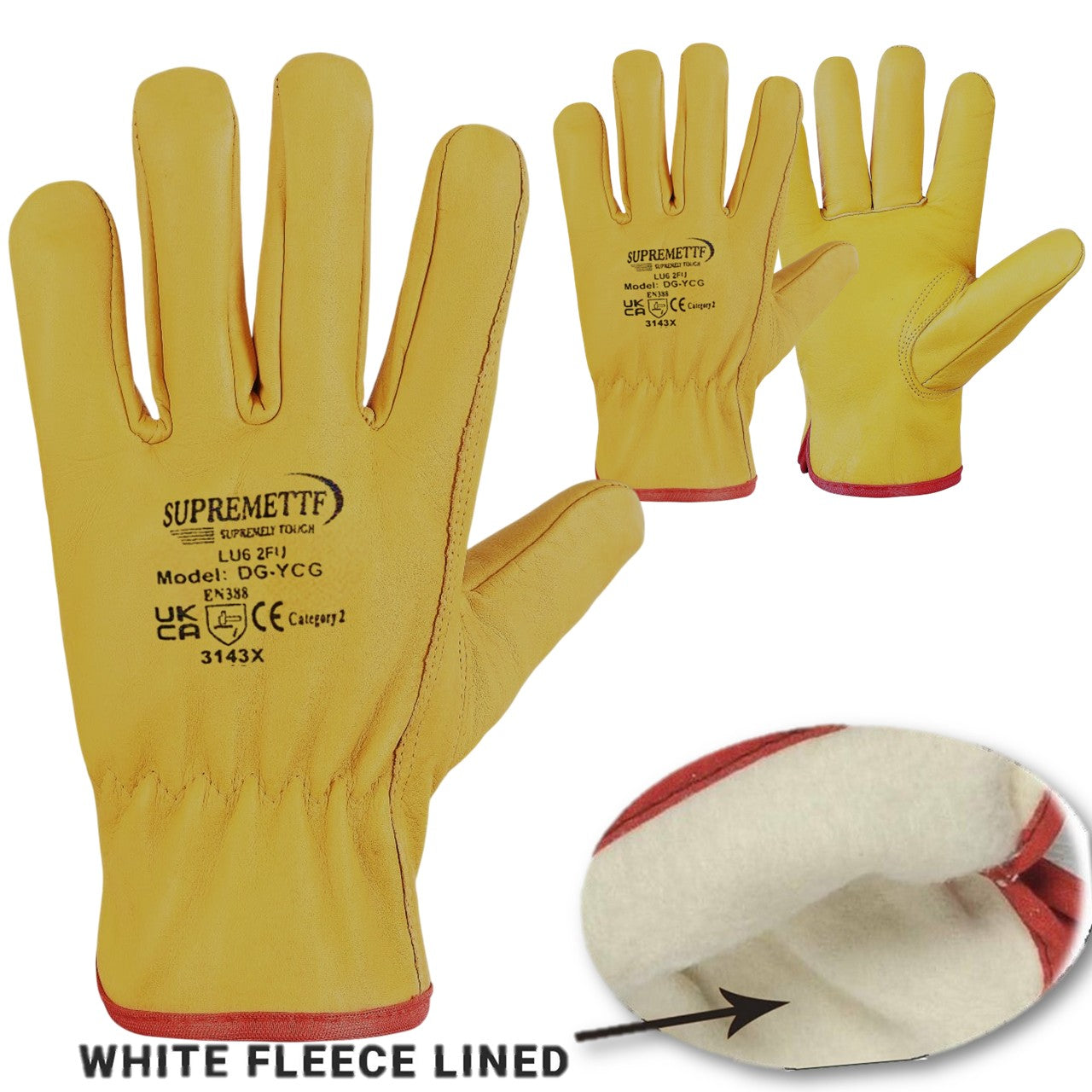 Driver Glove Fleece Cotton Lined Yellow Leather Work Glove