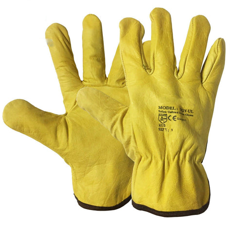 100 Pairs Unlined Yellow Leather Cotton Driver Work Glove - RUFTUF
