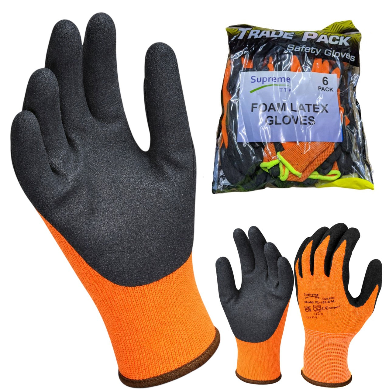 Latex Foam Coated Orange Black Safety Builders Gardening Work Gloves