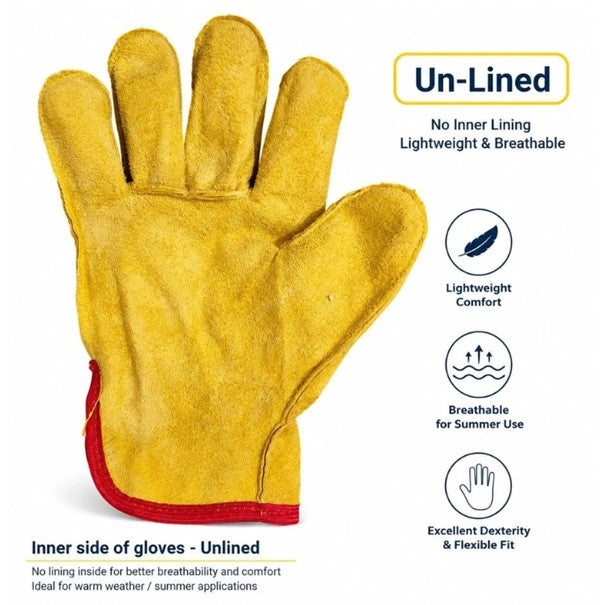 Unlined Soft Yellow Leather Drivers Hand Safety Glove Lorry Driving Work Gloves