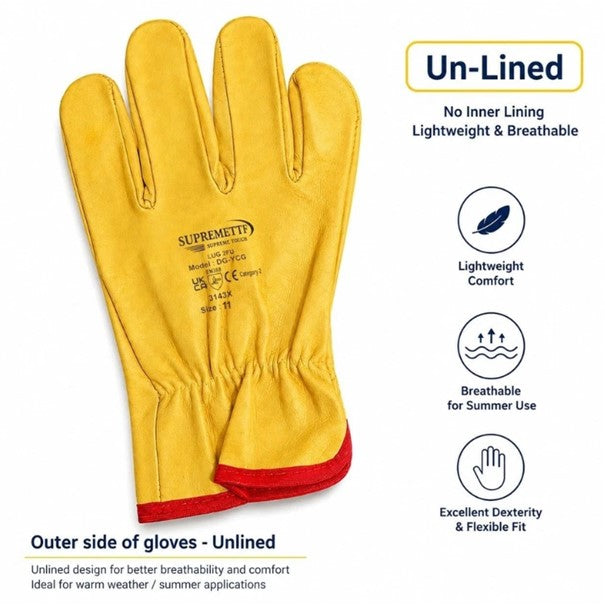 Unlined Soft Yellow Leather Drivers Hand Safety Glove Lorry Driving Work Gloves