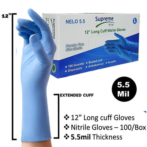 Blue Nitrile Long Cuff Powder Free Disposable Gloves - 50 Pairs per Box