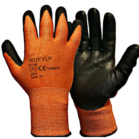 Orange Cut 3 Nylon Liner Black PU Coated Cut Resistant Work Glove - RUFTUF