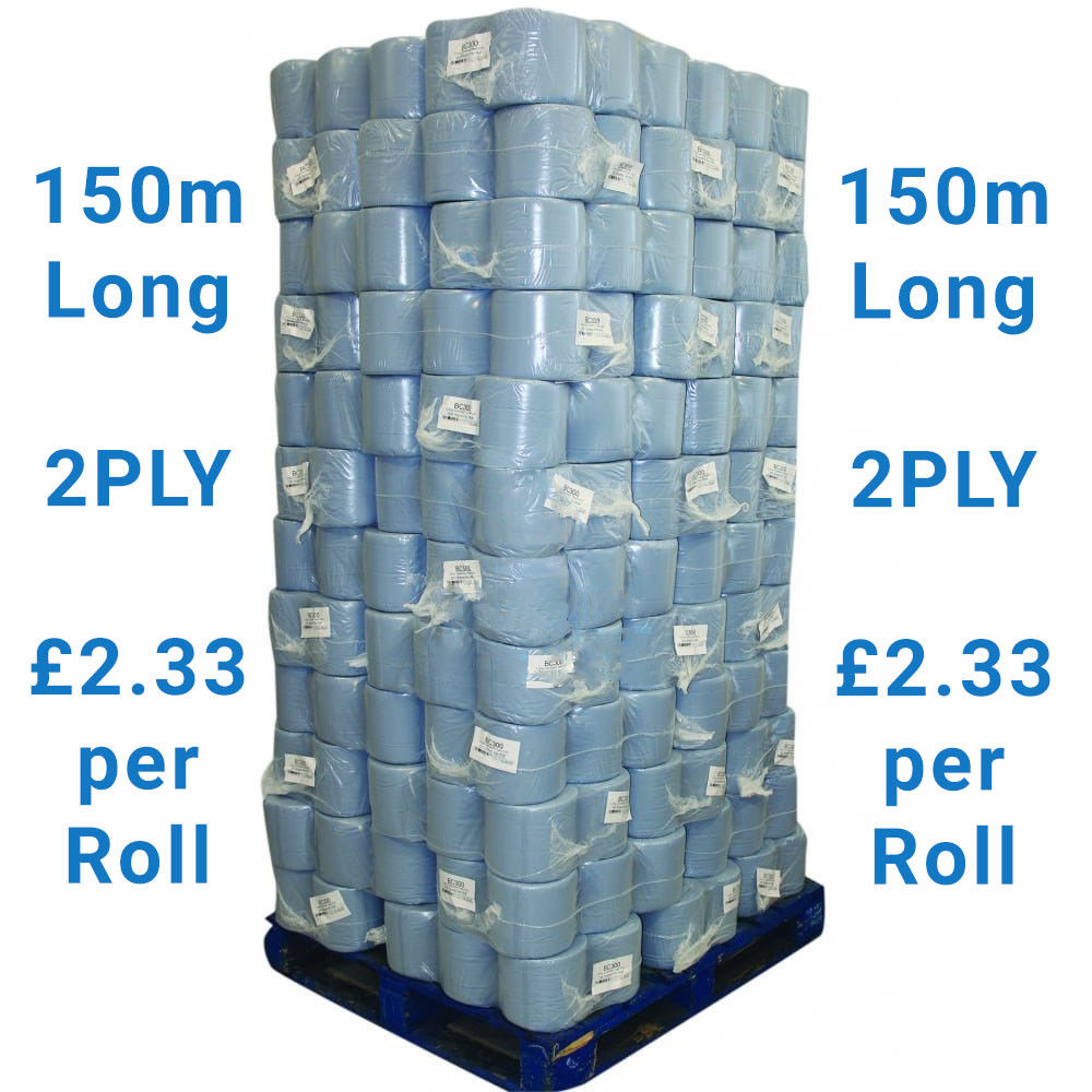 240 X 150m Long INDUSTRIAL Blue Centrefeed Rolls 2PLY Embossed Wipes Paper