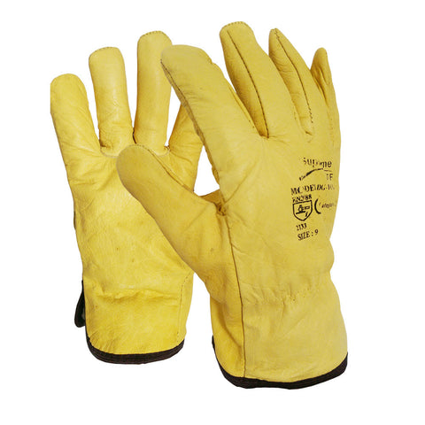 100 Pairs Fleece Cotton Lined Yellow Leather Driver Work Glove - RUFTUF
